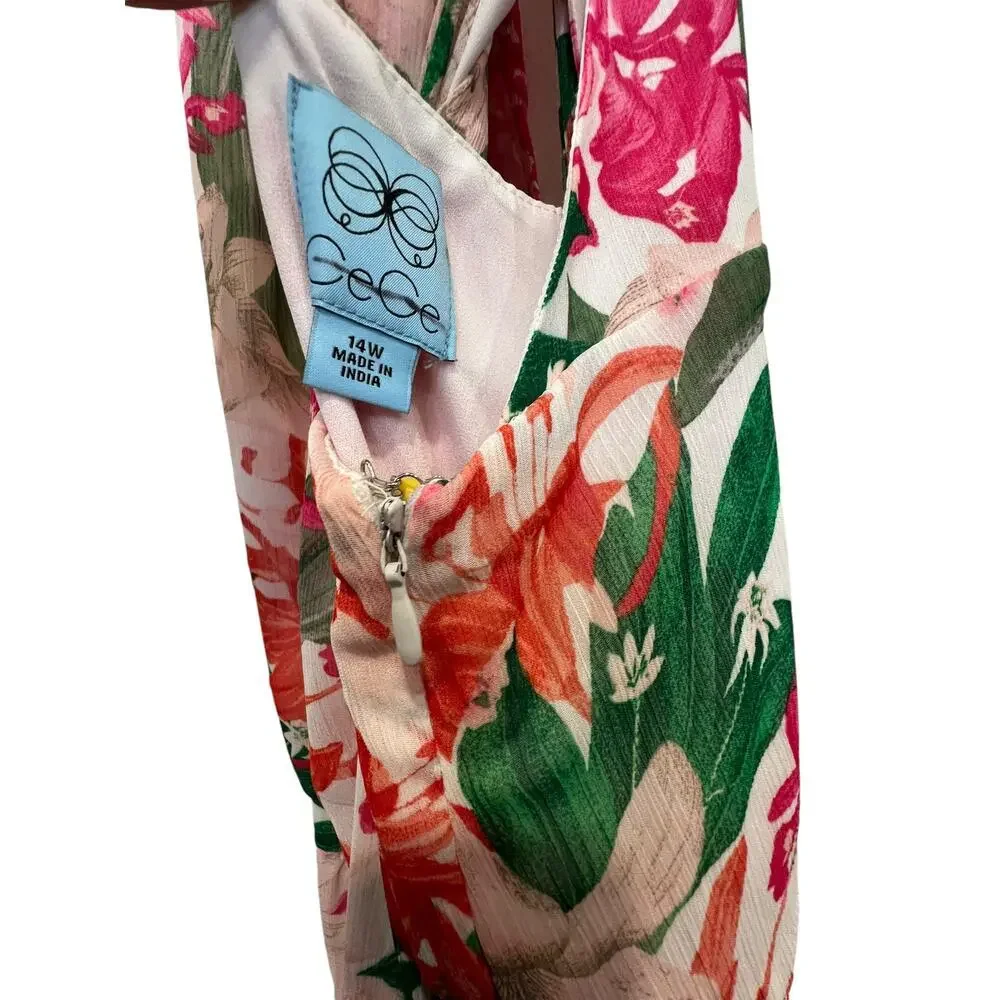 CeCe Pink Floral Print Halter Neck Tie Back Cut Out Pleated Maxi Dress Size 14W - Picture 4 of 9